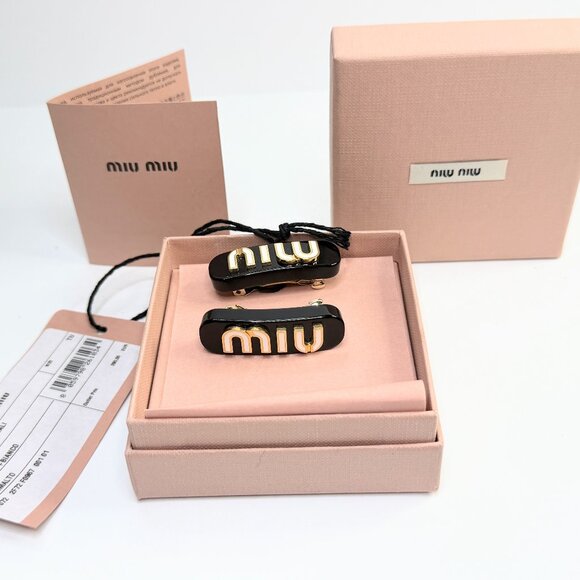 Authentic MIU MIU Metal Hair Clips Black Plexiglas White Logo Summer NIB GS728